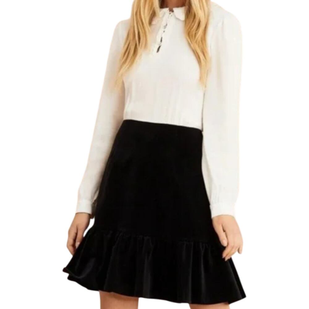 Brooks Brothers White Crepe Ruffle Black Velvet Flounce Shirt Dress